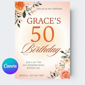 Invito floreale per il 50° compleanno / Invito elegante per compleanno con acquerello / Modello Canva 5x7 / Modello modificabile per festa floreale delicata per Canva