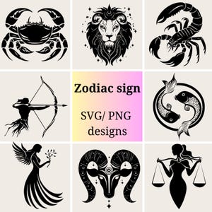 Zodiac Symbols SVG Set | Zodiac Signs SVG PNG Bundle | 12 Astrology png and svg Files | Horoscope Illustrations | Astrology Vector Clipart