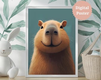 Smiling Capybara Portrait Wall Art Print | Cute Realistic Capybara Modern Nursery Art