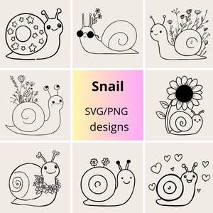 Puede incluir: Colección de nueve diseños de caracoles en blanco y negro. Cada caracol tiene un diseño único, incluyendo estrellas, gafas de sol, flores y corazones. El texto "Snail SVG/PNG designs" está en el centro.
