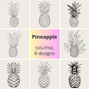 Puede incluir: Una colección digital de ocho ilustraciones de líneas en blanco y negro de piñas. El cuadrado central presenta el texto Pineapple, SVG/PNG y 8 designs sobre un fondo degradado. Cada cuadrado circundante muestra una piña única.