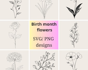 May include: A collection of black and white line art illustrations of various flowers, including roses, daffodils, and lilies of the valley. The image also includes the text "Birth month flowers SVG/PNG designs."
