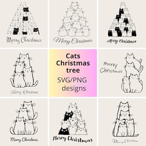May include: A collection of nine designs featuring cats arranged in the shape of Christmas trees. The designs are in black and white, with the words "Merry Christmas" in cursive. The center design has the text "Cats Christmas tree SVG/PNG designs".