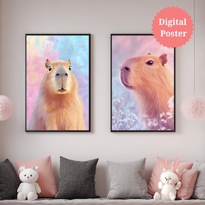 May include: Two framed digital posters featuring capybaras. One shows a full-face view against a pink and blue background, the other a side profile against a pink and purple background. A red sticker with the words "Digital Poster" is in the upper right.