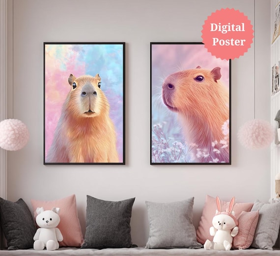 Pastel Capybara Wall Art for a girl | Soft Capybara  Nursery Printable Art Set of 2