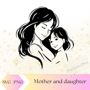 母と娘のSVG | 感情的な線画デザイン | 家族の愛のSVG | 母と娘のクリップアート | 心温まる母と娘のSVG PNG