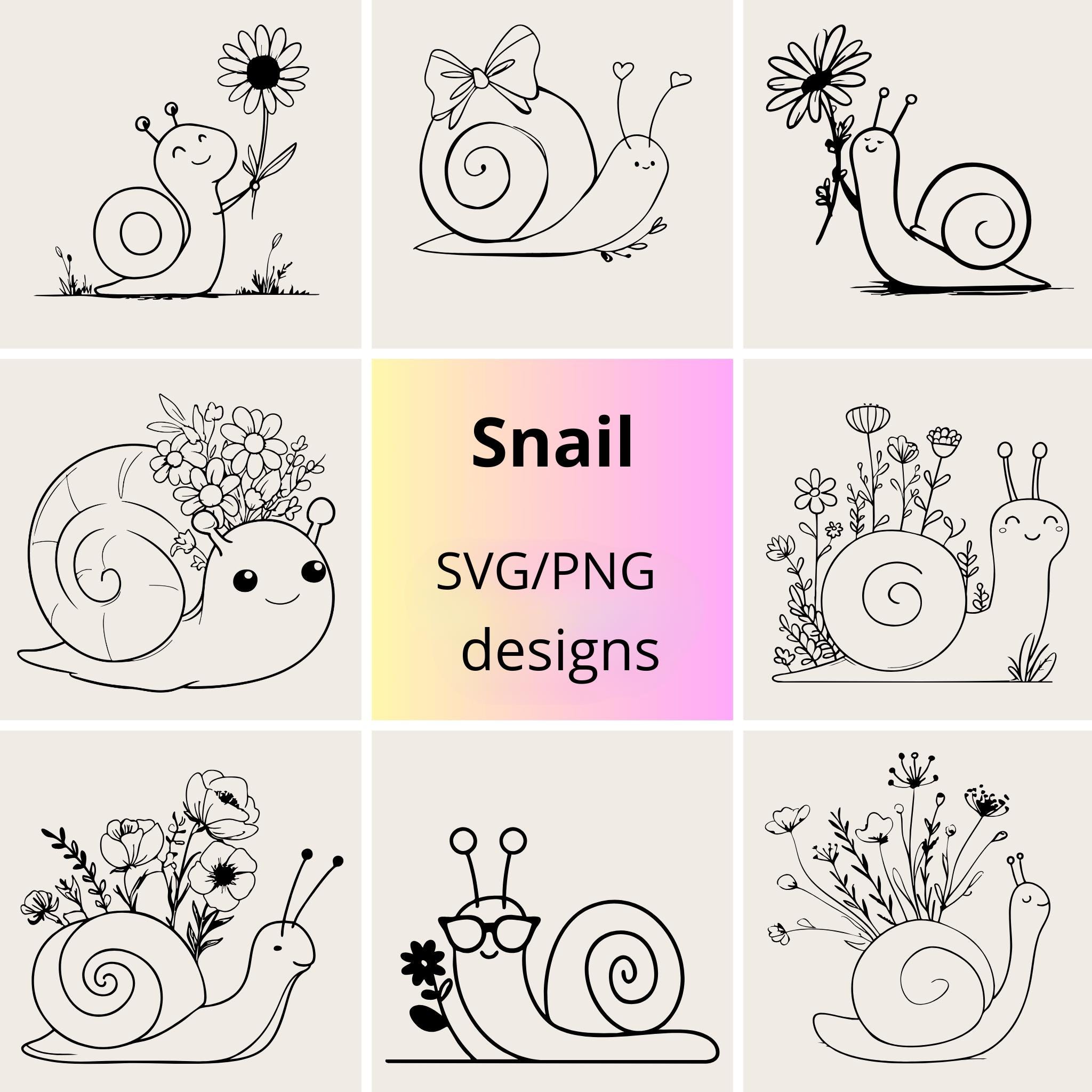 Cute Snail With Flowers SVG PNG Bundle | Drawn by Hand Floral Snails ...
