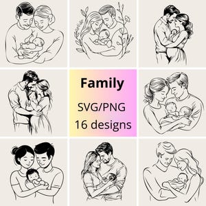 Dessin au trait familial SVG et PNG | Ensemble svg Parents avec bébé | Ensemble svg famille Silhouette | Câlin familial SVG | Ensemble svg parents et nouveau-né