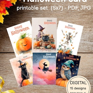 Halloween Cards 5x7 Digital Bundle | Cute Witch & Pumpkin Cards Set | Halloween Printable Cards | Cozy Halloween watercolor postcards