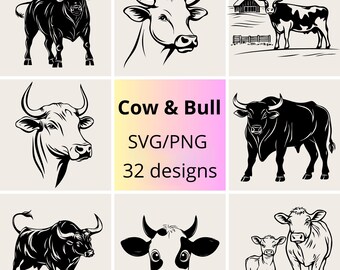 Lot vache et taureau SVG PNG : dessins rustiques d'animaux de la ferme