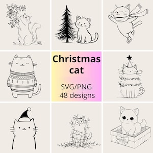 Op de afbeelding: Een verzameling zwart-wit kerstkatontwerpen. De afbeelding bevat katten met feestelijke elementen zoals een kerstboom, een trui, een kerstmuts en lichtjes. De tekst "Christmas cat" wordt weergegeven met "SVG/PNG 48 designs".