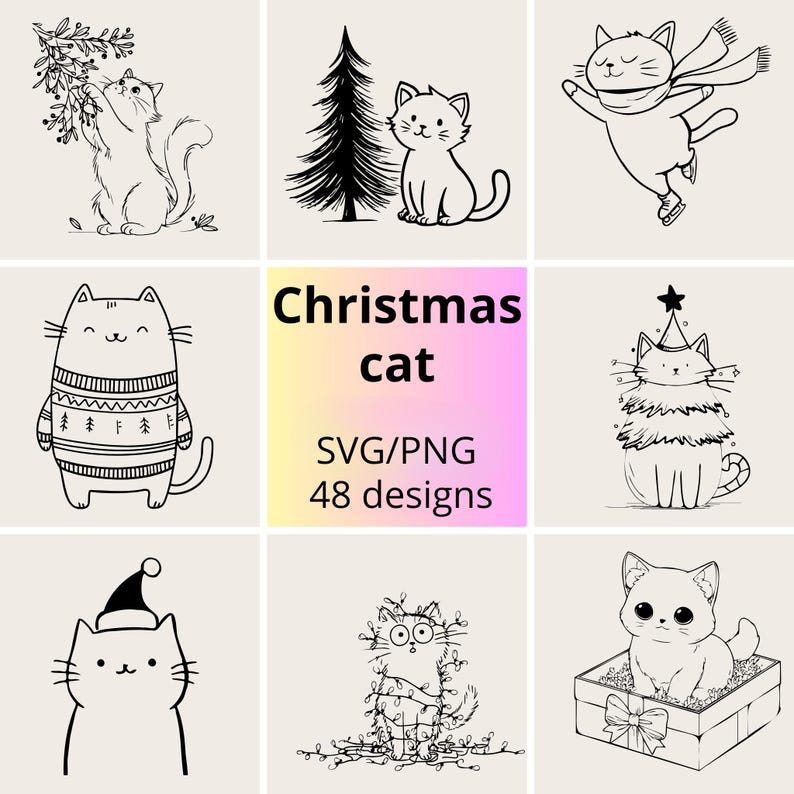 Op de afbeelding: Een verzameling zwart-wit kerstkatontwerpen. De afbeelding bevat katten met feestelijke elementen zoals een kerstboom, een trui, een kerstmuts en lichtjes. De tekst "Christmas cat" wordt weergegeven met "SVG/PNG 48 designs".