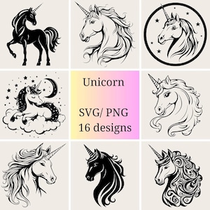 Set SVG di unicorni magici / Silhouette di unicorno, pacchetto di disegni al tratto / 16 file PNG SVG di unicorni in bianco e nero
