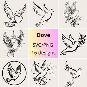 Dove SVG-PNG-bundel | Vreedzame vogelontwerpen | Vredesduif-svg-set | Elegante duif svg png-bundel | Dove SVG-ontwerpen thema liefde, vrede, bruiloft