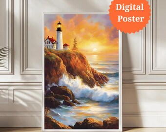 Lighthouse Sunset Seascape Print: Coastal Cliff Art (Digital Download