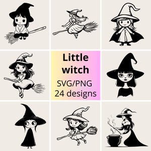 Peut inclure: Illustrations en noir et blanc de petites sorcières dans diverses poses. Certaines chevauchent des balais, d'autres sont debout ou assises. L'image comprend le texte "Little witch SVG/PNG 24 designs".