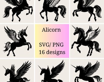 Lot Alicorne SVG | 16 licorne pégase | Silhouettes Pégase | Licorne volante SVG |  Superbes licornes ailées 16 PNG