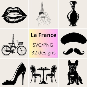 Lot La France SVG PNG | Designs français chics SVG | France Esthétique svg clipart | Lot svg parisien | Paris, Tour Eiffel, Croissant svg