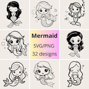 Mermaid SVG PNG Bundle | Little Mermaid cartoon style svg Set | svg Mermaid Kawaii Style | Mermaid Silhouettes svg| Cute Mermaid SVG Bundle