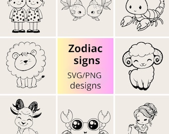 Niedliche Sternzeichen SVG PNG Bundle | Kawaii Horoskop Clipart | Niedliches Astrologie Tiere SVG Set
