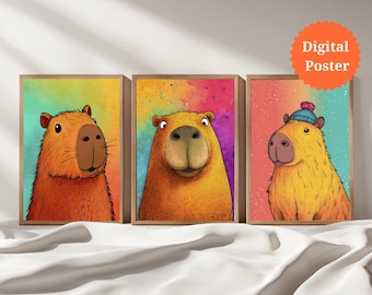 Playful Capybara Nursery Wall Art set of 3 | Colorful Cute Capybara Digital Prints Set
