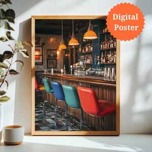 Retro Bar Interior Print: Vintage Pub Scene, Colorful Stools (Digital Download)