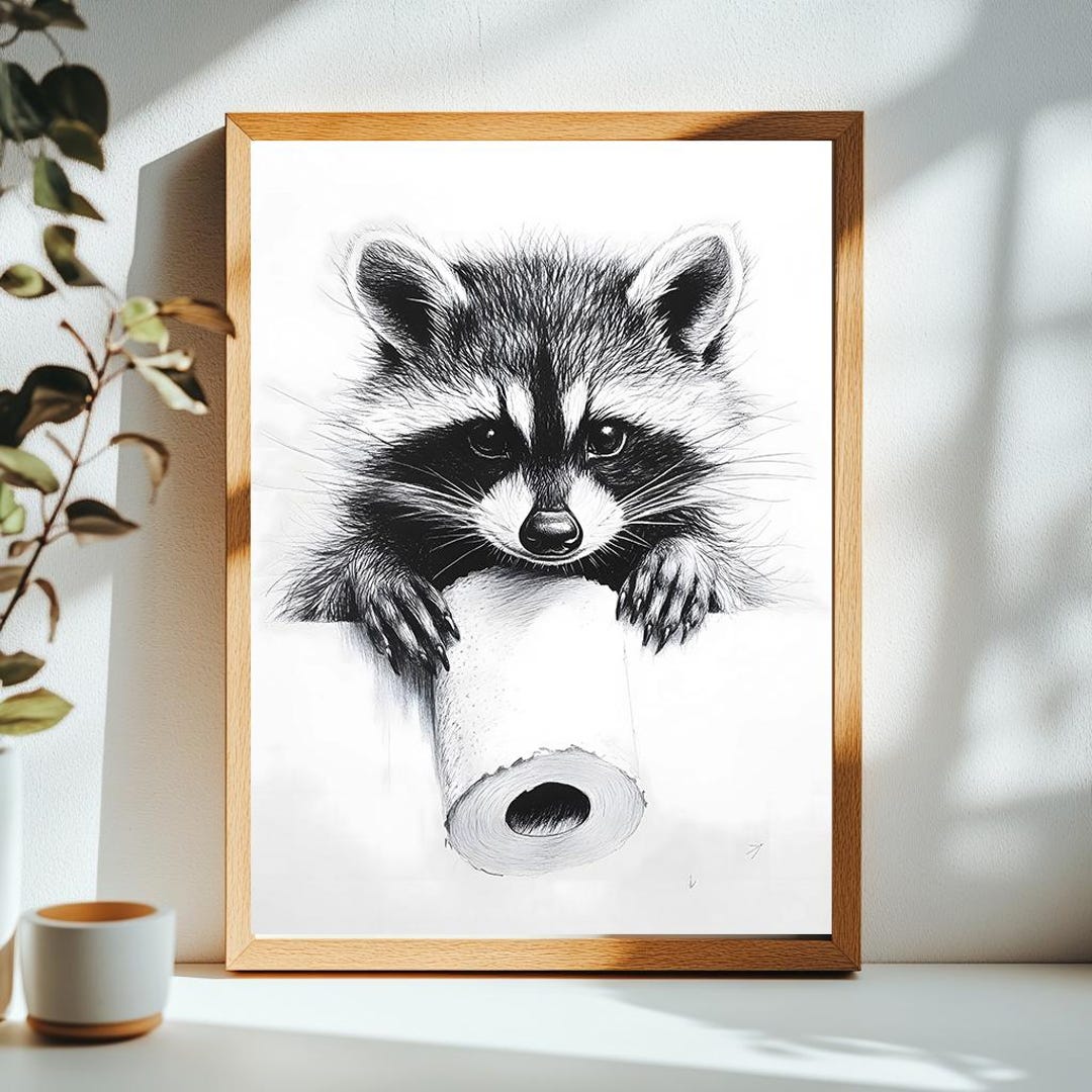 Cute Raccoon Toilet Paper Print | Funny Raccoon Bathroom Digital Poster ...