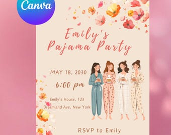 Fun Pajama Party Invitation | Editable Canva Template  | Sleepover Birthday Invite | Floral Sleepover Party Invite