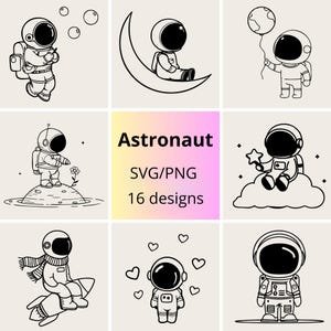 Może przedstawiać: Zbiór 16 czarno-białych wzorów astronautów w formatach SVG i PNG. Ilustracje przedstawiają astronautów w różnych pozach, w tym unoszących się, siedzących na księżycu i trzymających gwiazdę lub balon.