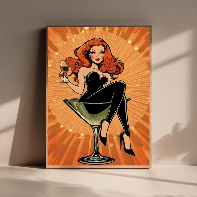 Retro Pin-up Girl Cocktail Art Print: Vintage Martini Glam (digital ...
