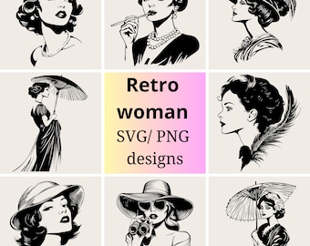 Paquete de archivos SVG y PNG de mujer retro / Imágenes prediseñadas de belleza vintage / Damas retro elegantes / Silueta de mujer vintage en formato SVG y PNG / Ilustraciones de mujer retro