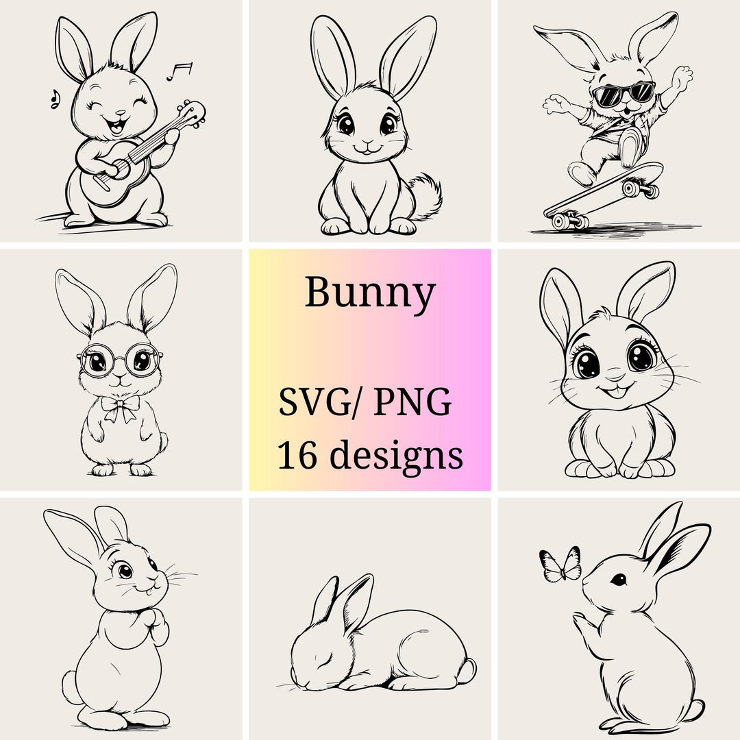 Cute Bunny SVG Bundle | 16 Cute Rabbit Line Art Designs | Cute Animal ...