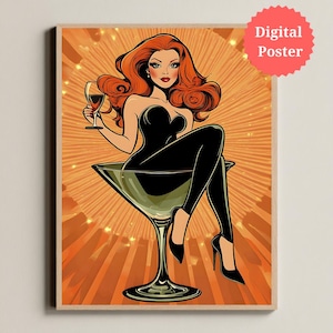 Retro Cocktail Art Print | Vintage Glamorous Woman in Martini Glass | Retro Pop Art | Pin-Up Cocktail Poster | Pin-Up Girl Poster | Bold Art