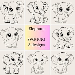 Cute Baby Elephant SVG PNG Bundle | Baby Elephant Clipart | Elephant Line Art Bundle | Adorable Baby Elephant  for Cricut  Silhouette