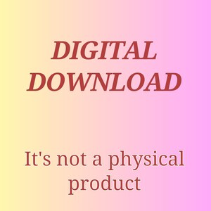 Op de afbeelding: Afbeelding met de woorden "DIGITALE DOWNLOAD" in rode, vette letters. Daaronder staat in kleinere letters "Het is geen fysiek product" op een gradi&euml;ntachtergrond van geel, roze en paars.