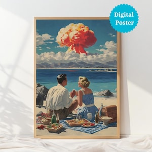 Atomic Couple Beach Picnic Poster | Retro Futurism Wall Art | Vintage Sci-Fi Apocalypse Print | Surreal 1950s Art