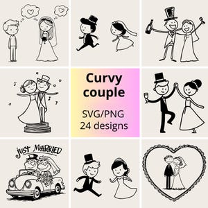 Puede incluir: Colección de ilustraciones de dibujos animados en blanco y negro de parejas, incluyendo una novia y un novio, bailando, corriendo y en un coche. El texto "Curvy couple" se muestra con "SVG/PNG 24 diseños".