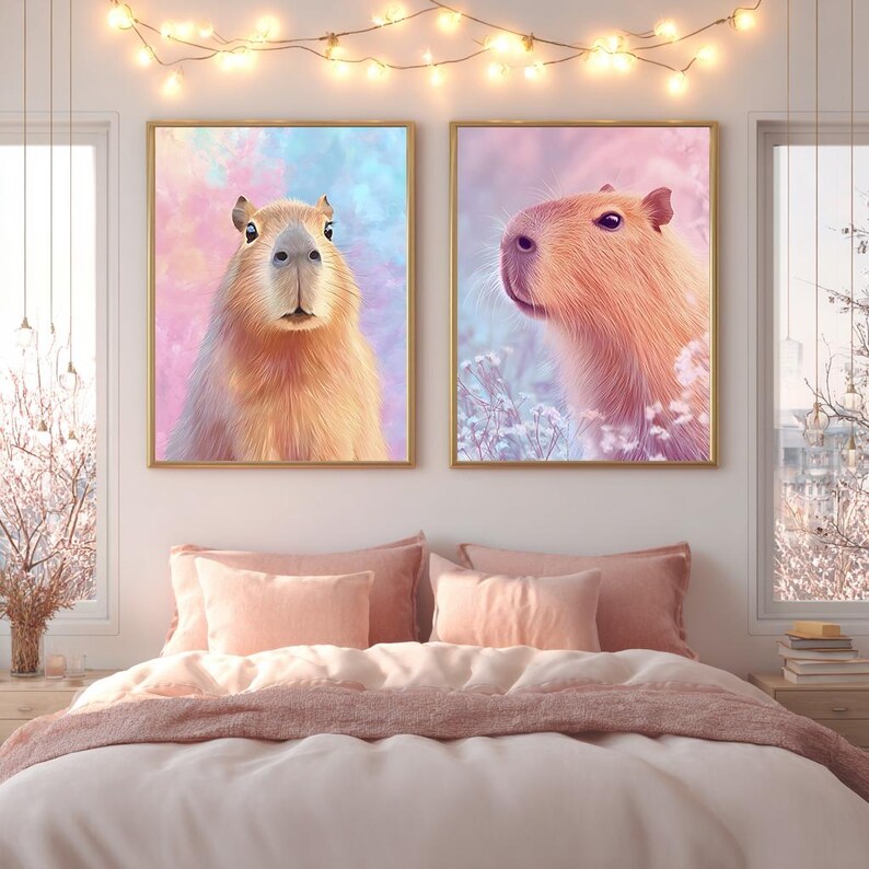 May include: Two framed art prints featuring capybaras. One print shows a capybara facing forward against a pastel blue and pink background. The other print shows a capybara in profile against a pink and purple background with white flowers. Both prints have gold frames.
