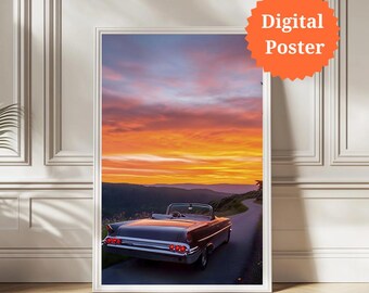 Retro Sunset Road Trip Art Print: Classic Car Convertible (Digital Download