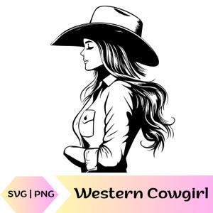 Vaquera SVG PNG / Silueta de mujer occidental / Retrato de vaquera occidental SVG / Clipart de chica de campo / Diseño de vaquera SVG PNG / Arte de mujer de rodeo