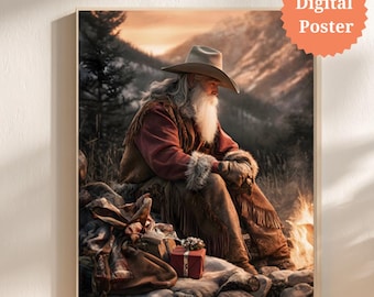Cowboy Santa by the Campfire Digital Poster | Western Christmas Print