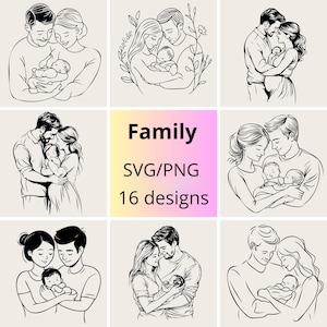 Può includere: Illustrazioni in bianco e nero di famiglie con bambini. La parola "Family" è visualizzata al centro, insieme a "SVG/PNG" e "16 designs". Le immagini mostrano genitori che tengono in braccio e abbracciano i loro figli.