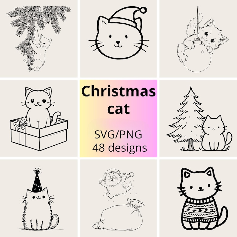 Op de afbeelding: Een verzameling zwart-witte kerstkatontwerpen. De afbeelding bevat verschillende kattenillustraties, zoals katten in dozen, met kerstmutsen en bij kerstbomen. De tekst in het midden luidt "Christmas cat SVG/PNG 48 designs."
