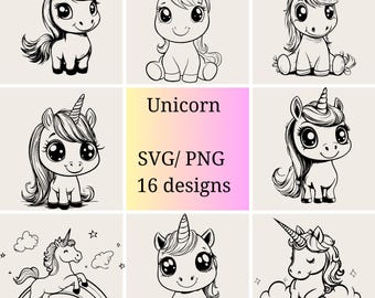 Magical Unicorn SVG Bundle | 16 Digital Files for Crafts & Printables |Cute unicorn clipart | Nursery svg |  Baby unicorn svg png Bundle