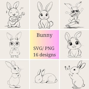 SVG-bundel schattig konijntje | 16 schattige lijntekeningen konijnen | Schattige dierenkunst
