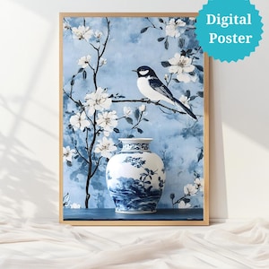 Chinoiserie Bird Print: Elegant Blue Floral Oriental Wall Art (Digital Download)