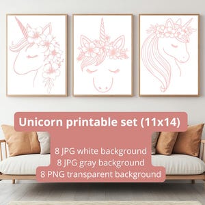 Può includere: Tre stampe artistiche incorniciate con disegni di unicorni rosa. Le stampe raffigurano teste di unicorno con accenti floreali e occhi chiusi. Il testo "Unicorn printable set (28x36cm)" è visualizzato sotto le stampe.