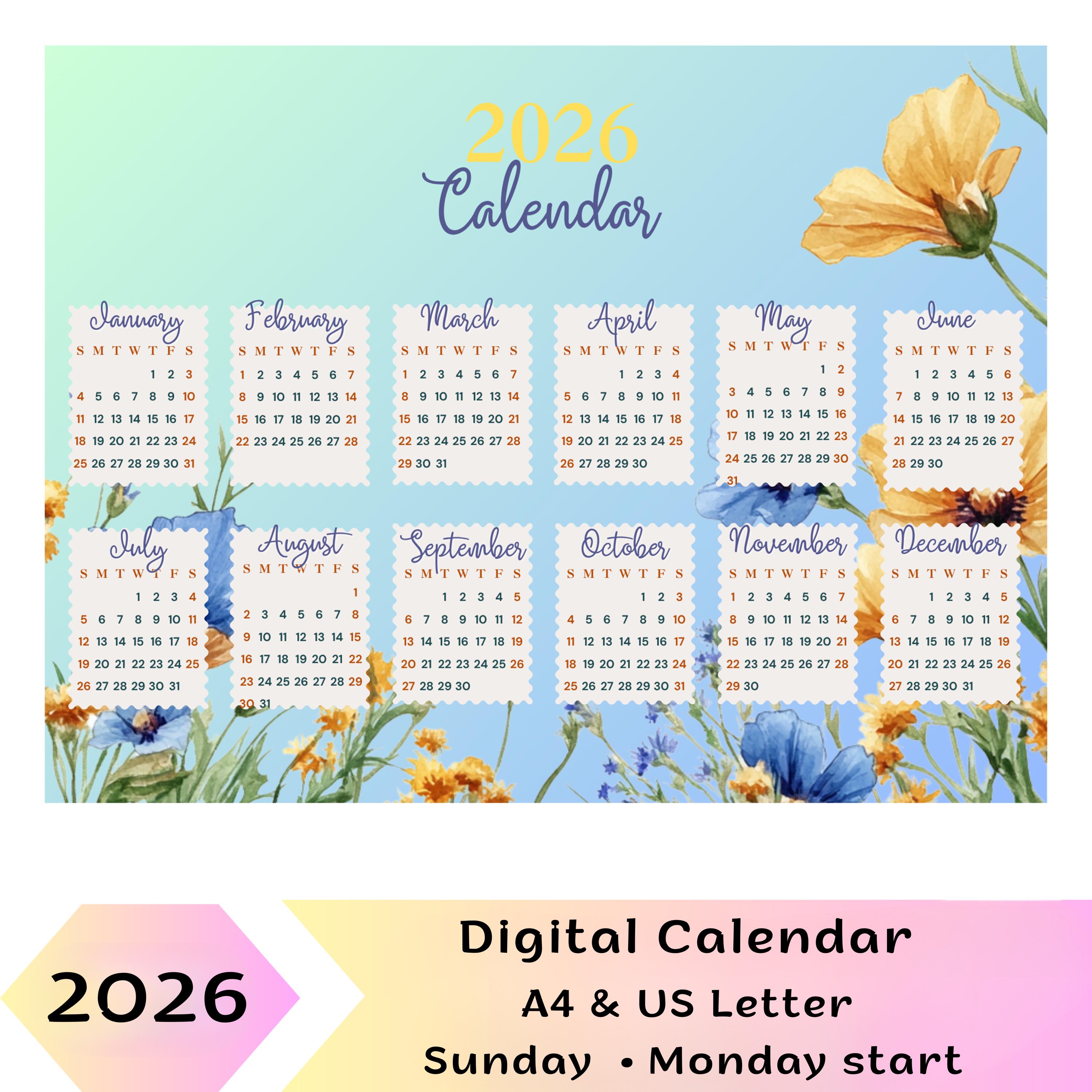 2026 Floral Calendar Printable: Botanical One-Page Design (A4 & US Letter PDF Download)