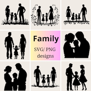 家族のシルエット SVG PNG | 愛情あふれる瞬間のクリップアート | 親子の SVG バンドル | 家族の SVG セット | 子供たちとカップルのシルエットのクリップアート