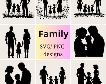 Family Silhouettes SVG PNG | Loving Moments Clipart | Parent and Child svg Bundle | Family SVG Set | Couple with Kids Silhouette Clipart
